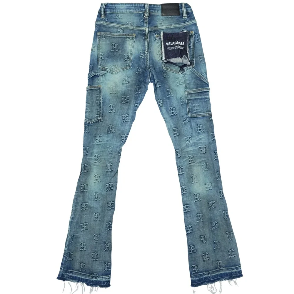 Valabasas Mens Monogram Embossed Carpenter Stacked Flare Jeans Blue Size 30